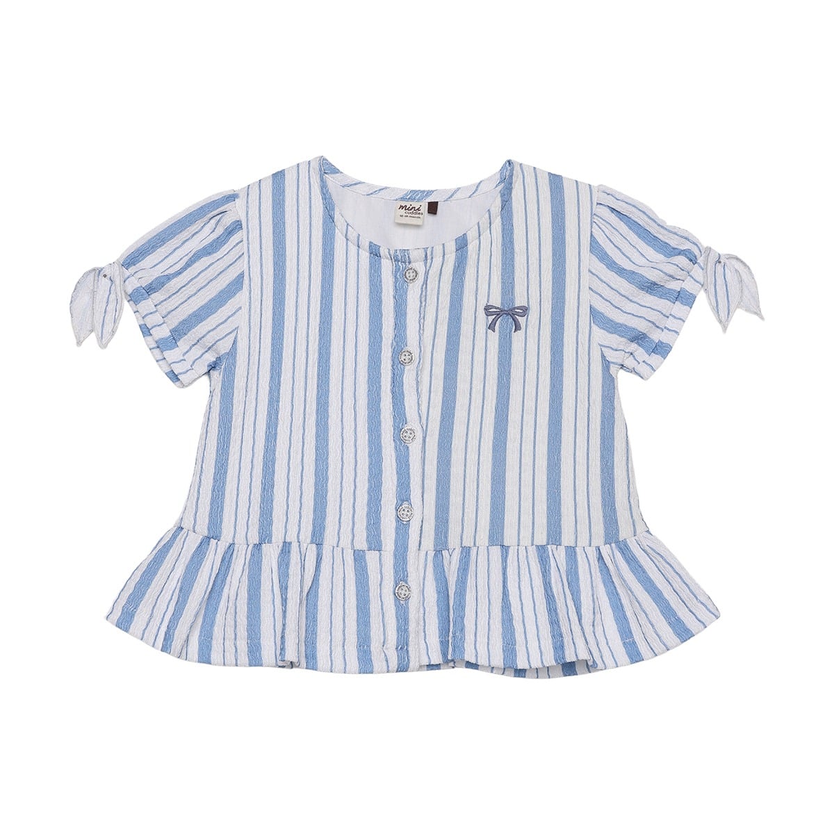 Baby Girls Blue And White Cotton Striped Bow Embroidered Woven Top Regular Fit Casual Wear