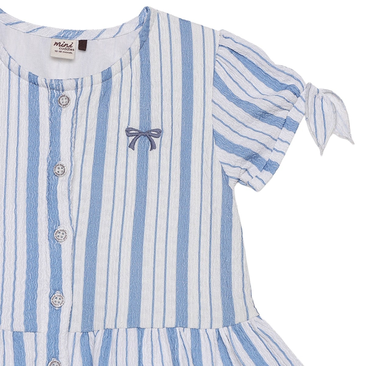 Baby Girls Blue And White Cotton Striped Bow Embroidered Woven Top Regular Fit Casual Wear