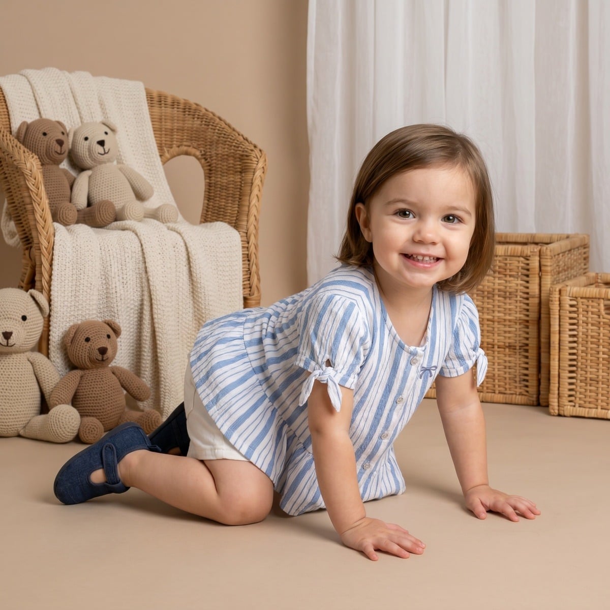 Baby Girls Blue And White Cotton Striped Bow Embroidered Woven Top Regular Fit Casual Wear