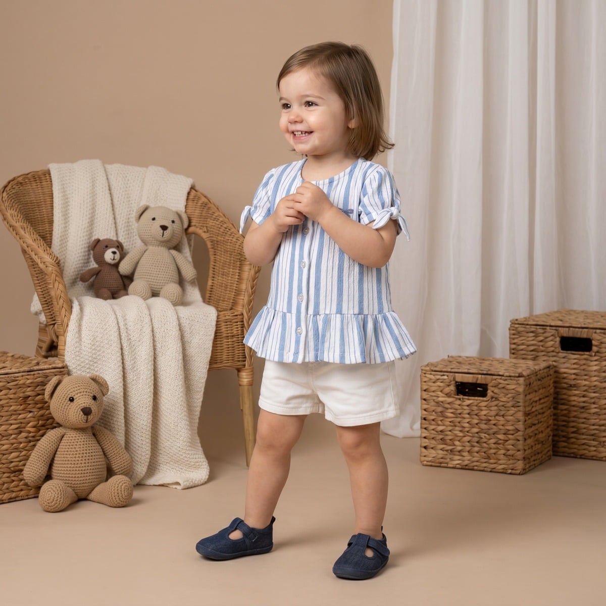 Baby Girls Blue And White Cotton Striped Bow Embroidered Woven Top Regular Fit Casual Wear
