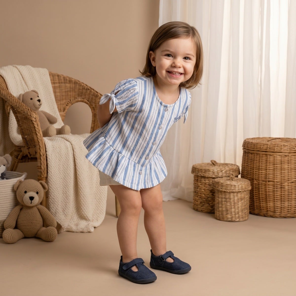 Baby Girls Blue And White Cotton Striped Bow Embroidered Woven Top Regular Fit Casual Wear