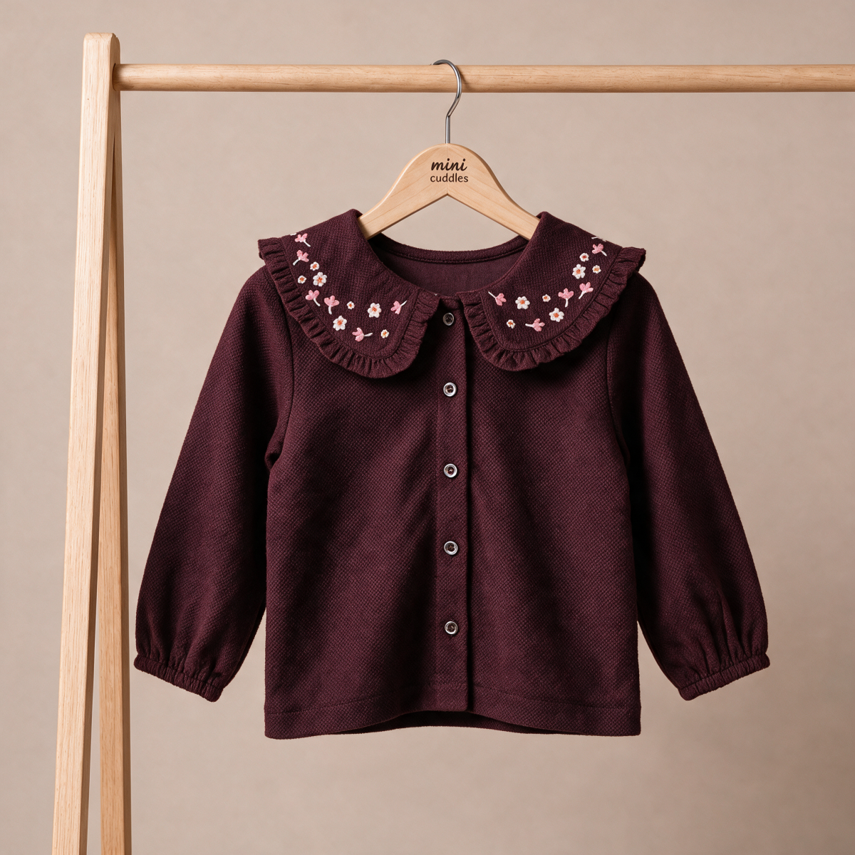 Baby Girls Maroon Cotton Floral Embroidered Collar Woven Top Regular Fit Casual Wear
