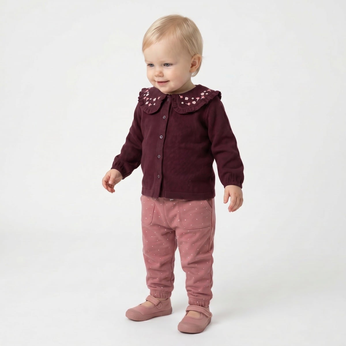 Baby Girls Maroon Cotton Floral Embroidered Collar Woven Top Regular Fit Casual Wear