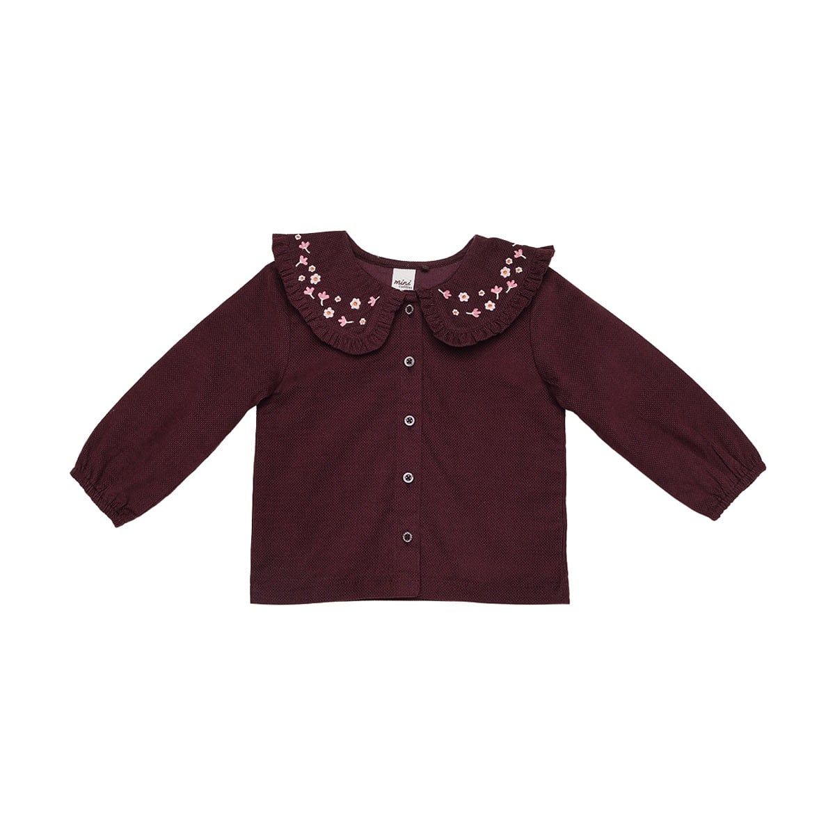 Baby Girls Maroon Cotton Floral Embroidered Collar Woven Top Regular Fit Casual Wear