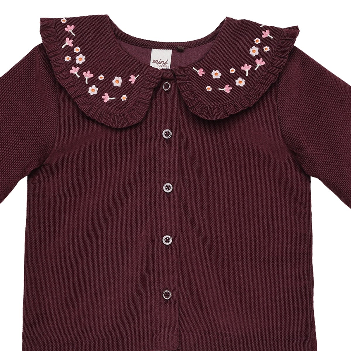 Baby Girls Maroon Cotton Floral Embroidered Collar Woven Top Regular Fit Casual Wear