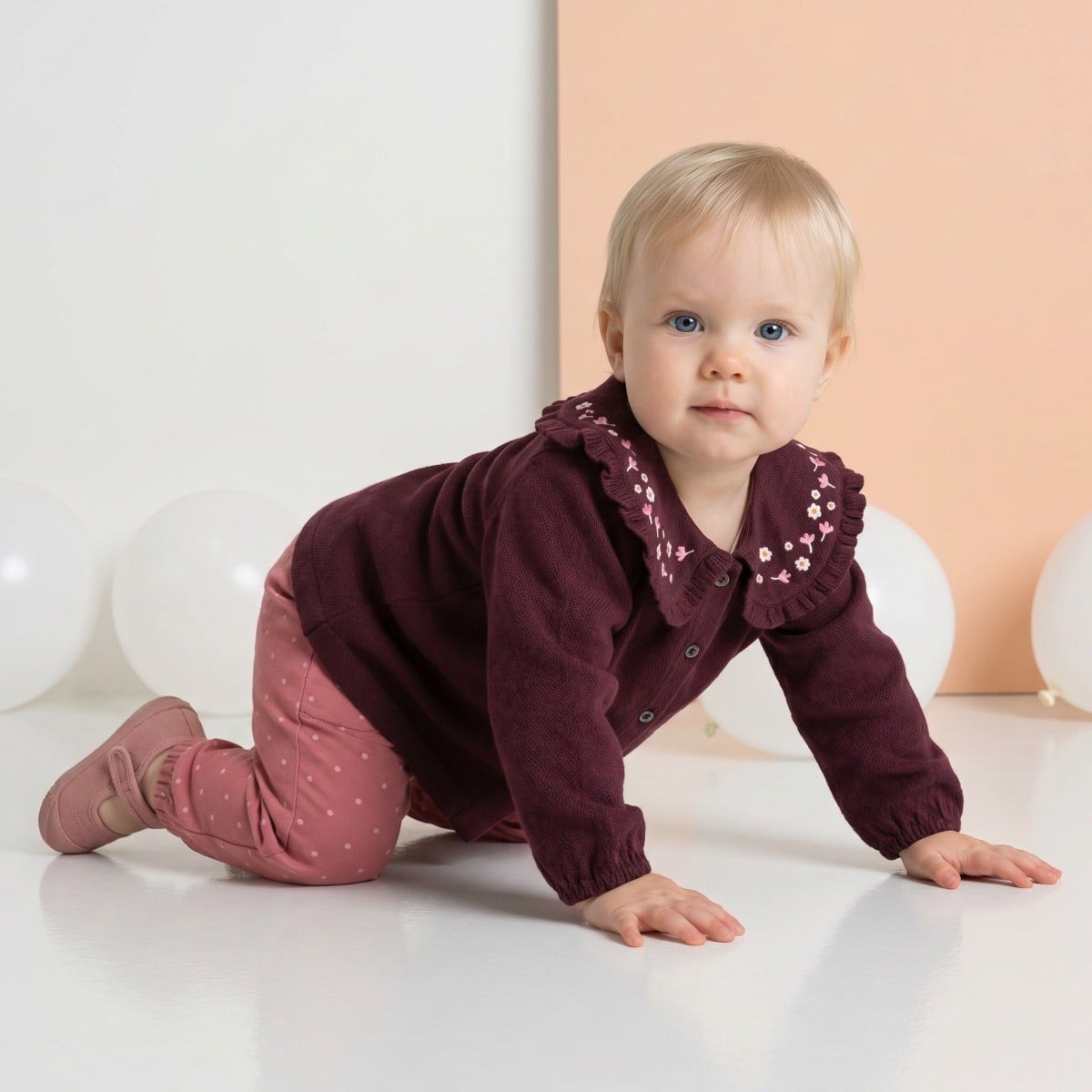 Baby Girls Maroon Cotton Floral Embroidered Collar Woven Top Regular Fit Casual Wear