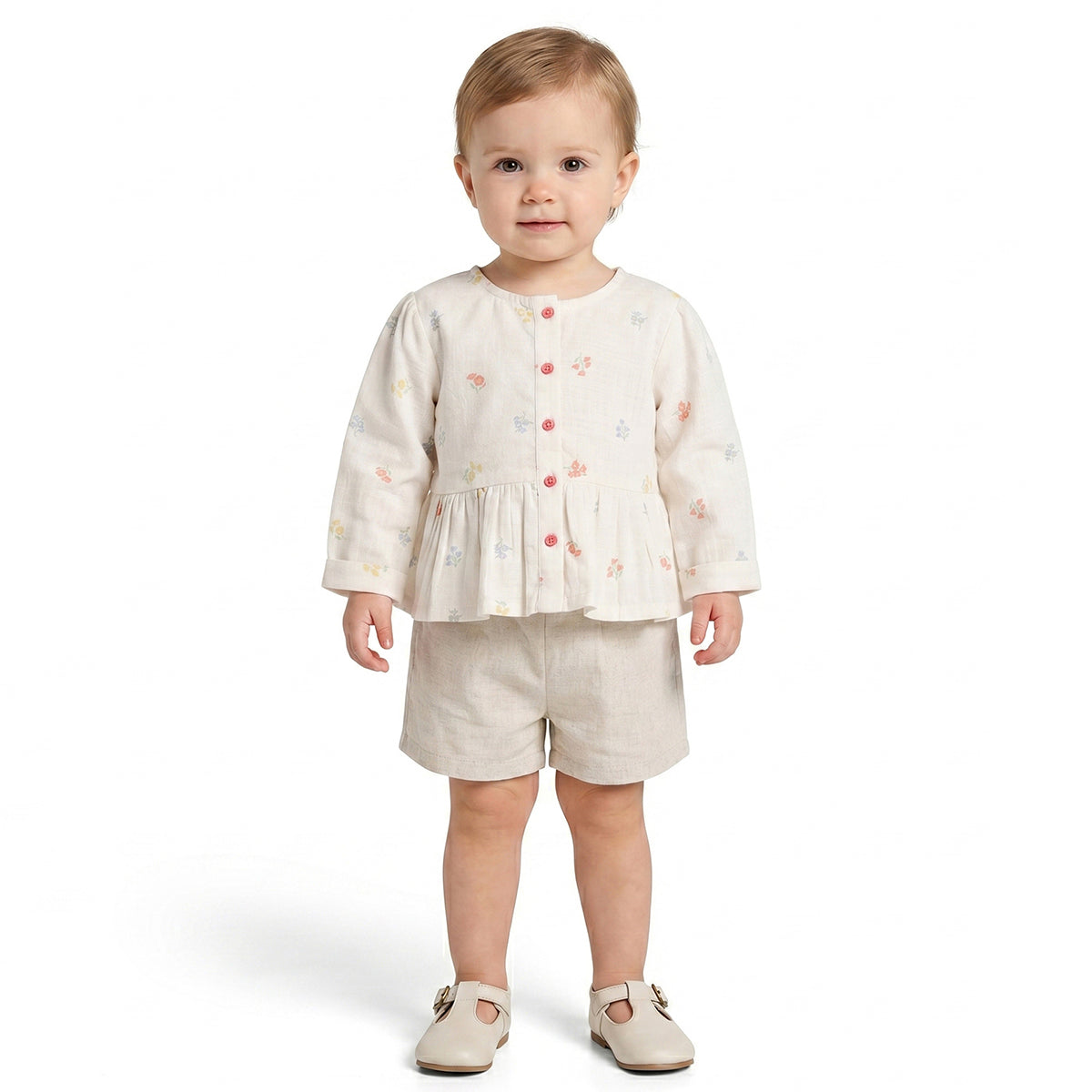 Baby Girls Off White Floral Printed Cotton Peplum Top Regular Fit Casual Top