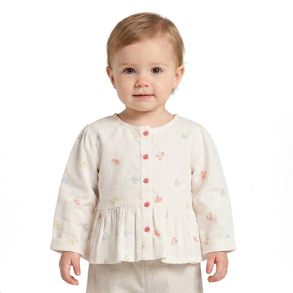 Baby Girls Off White Floral Printed Cotton Peplum Top Regular Fit Casual Top