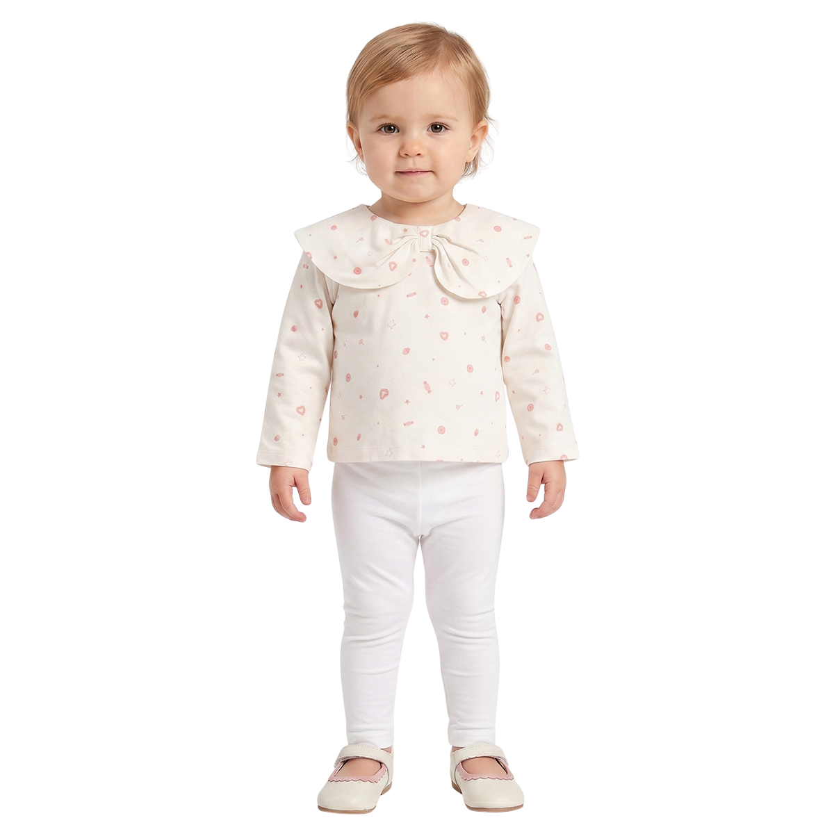 Baby Girls Off White Printed Cotton Peter Pan Collar Top Casual Top