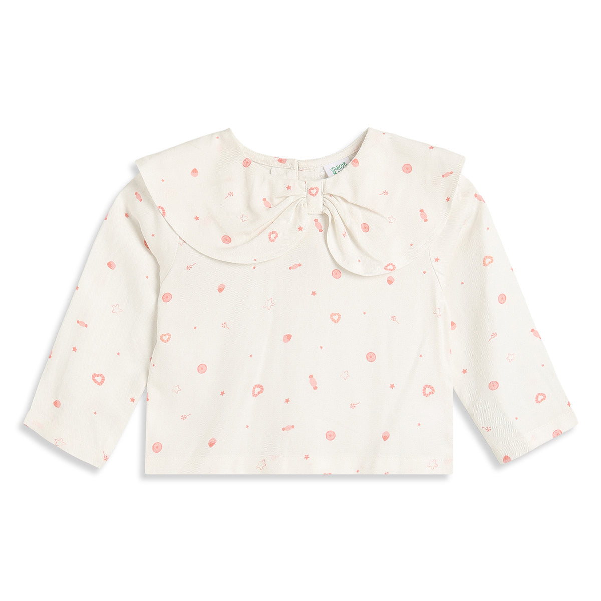 Baby Girls Off White Printed Cotton Peter Pan Collar Top Regular Fit Casual Top