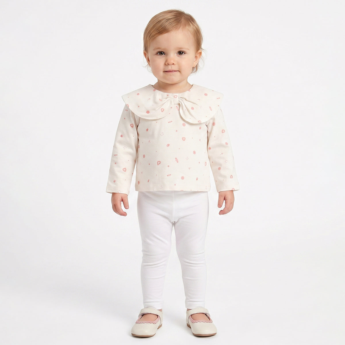 Baby Girls Off White Printed Cotton Peter Pan Collar Top Regular Fit Casual Top
