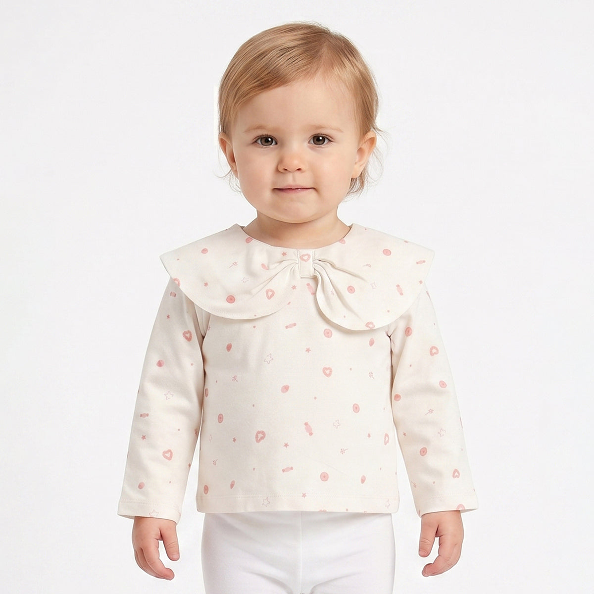 Baby Girls Off White Printed Cotton Peter Pan Collar Top Regular Fit Casual Top