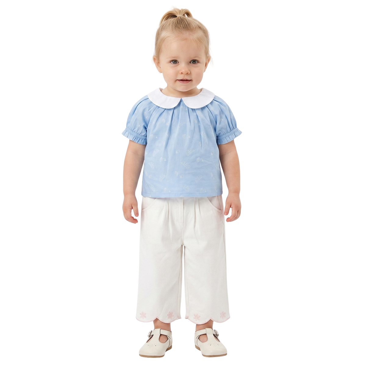 Baby Girls Blue Printed Cotton Peter Pan Collar Top Casual Top
