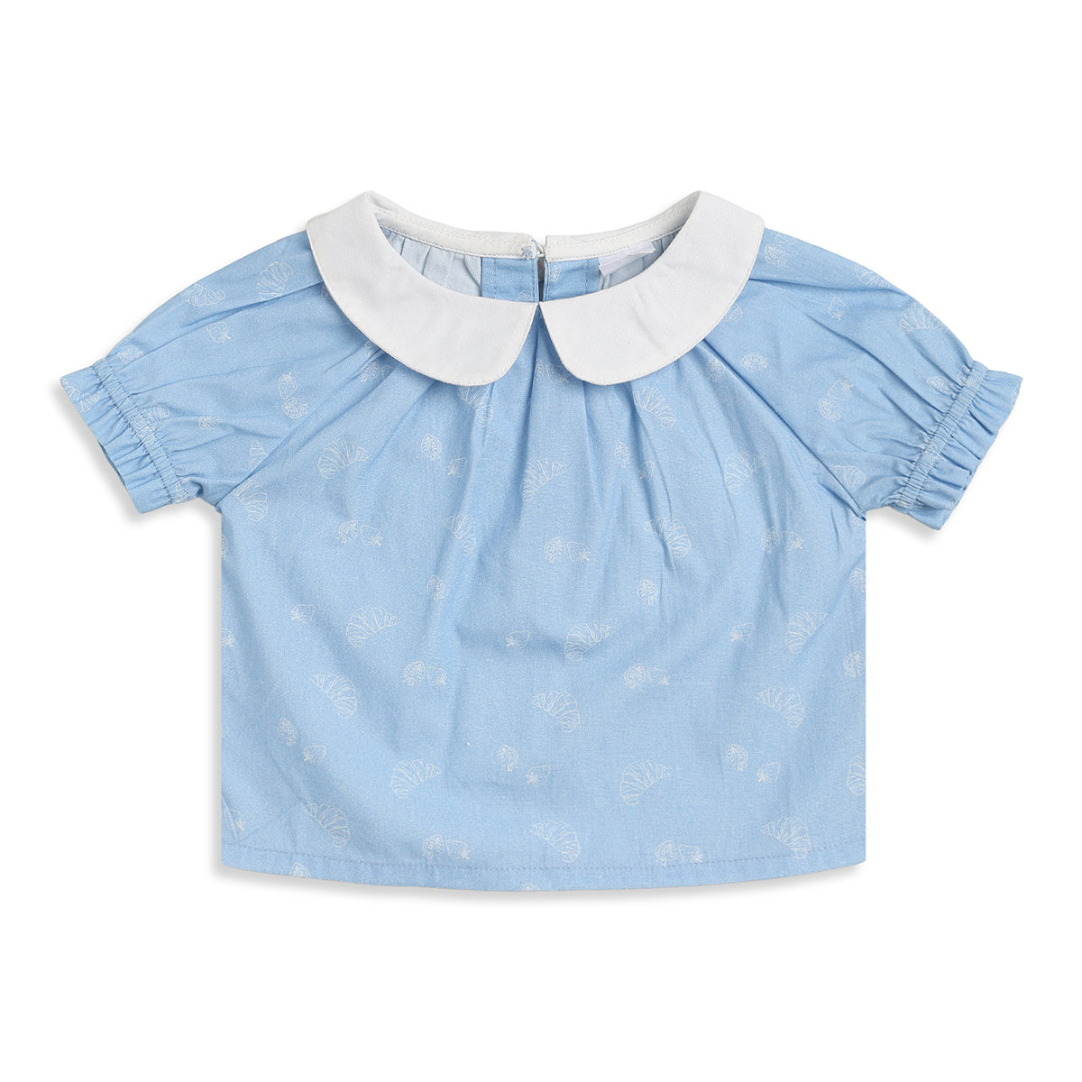 Baby Girls Blue Printed Cotton Peter Pan Collar Top Regular Fit Casual Top