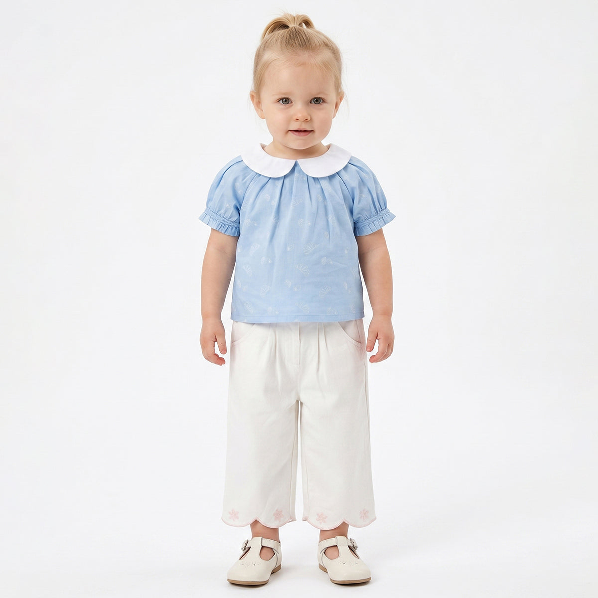 Baby Girls Blue Printed Cotton Peter Pan Collar Top Regular Fit Casual Top