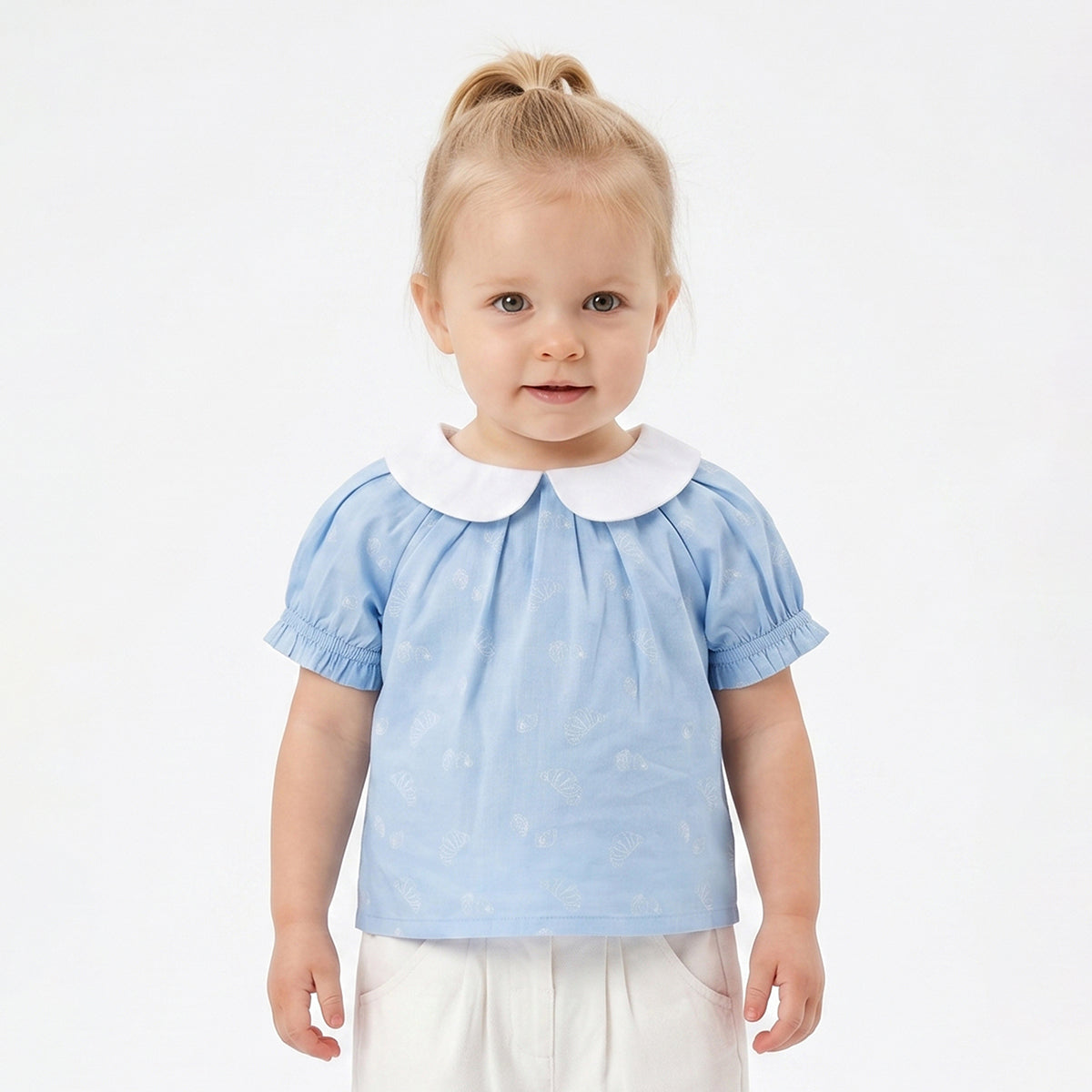 Baby Girls Blue Printed Cotton Peter Pan Collar Top Regular Fit Casual Top