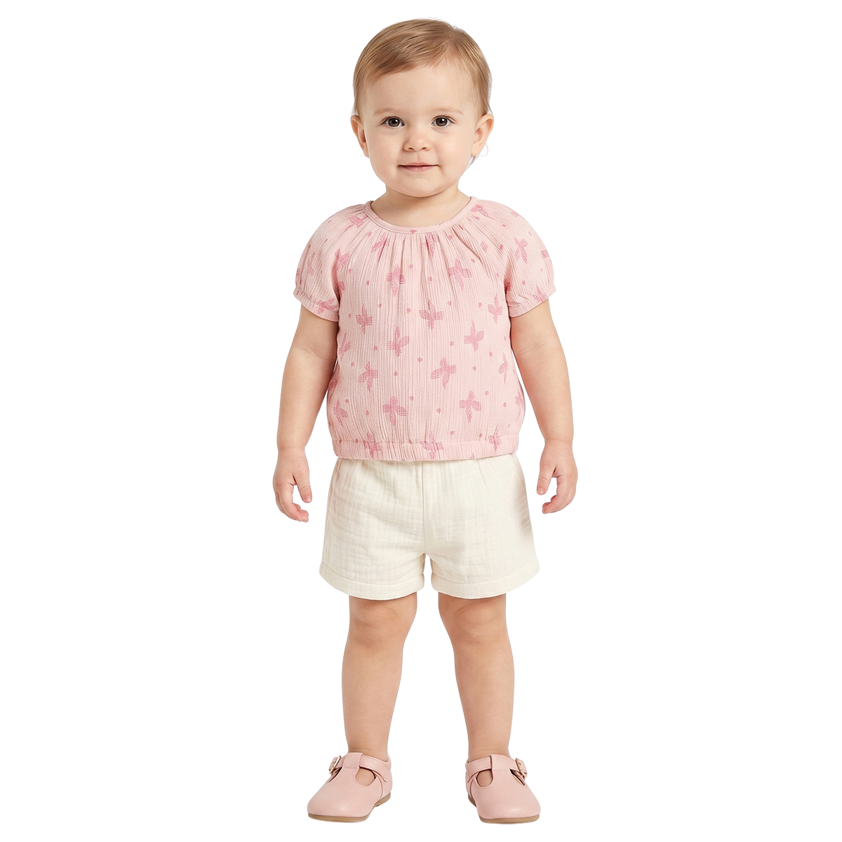 Baby Girls Peach Printed Cotton Textured Top Regular Fit Casual Top