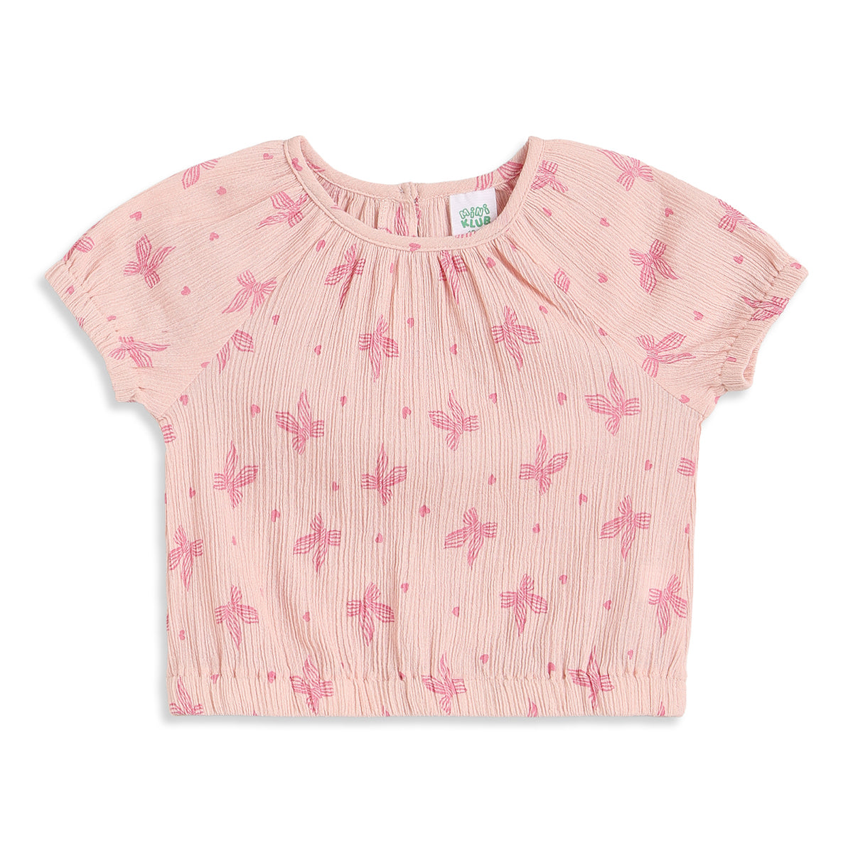 Baby Girls Peach Printed Cotton Textured Top Regular Fit Casual Top