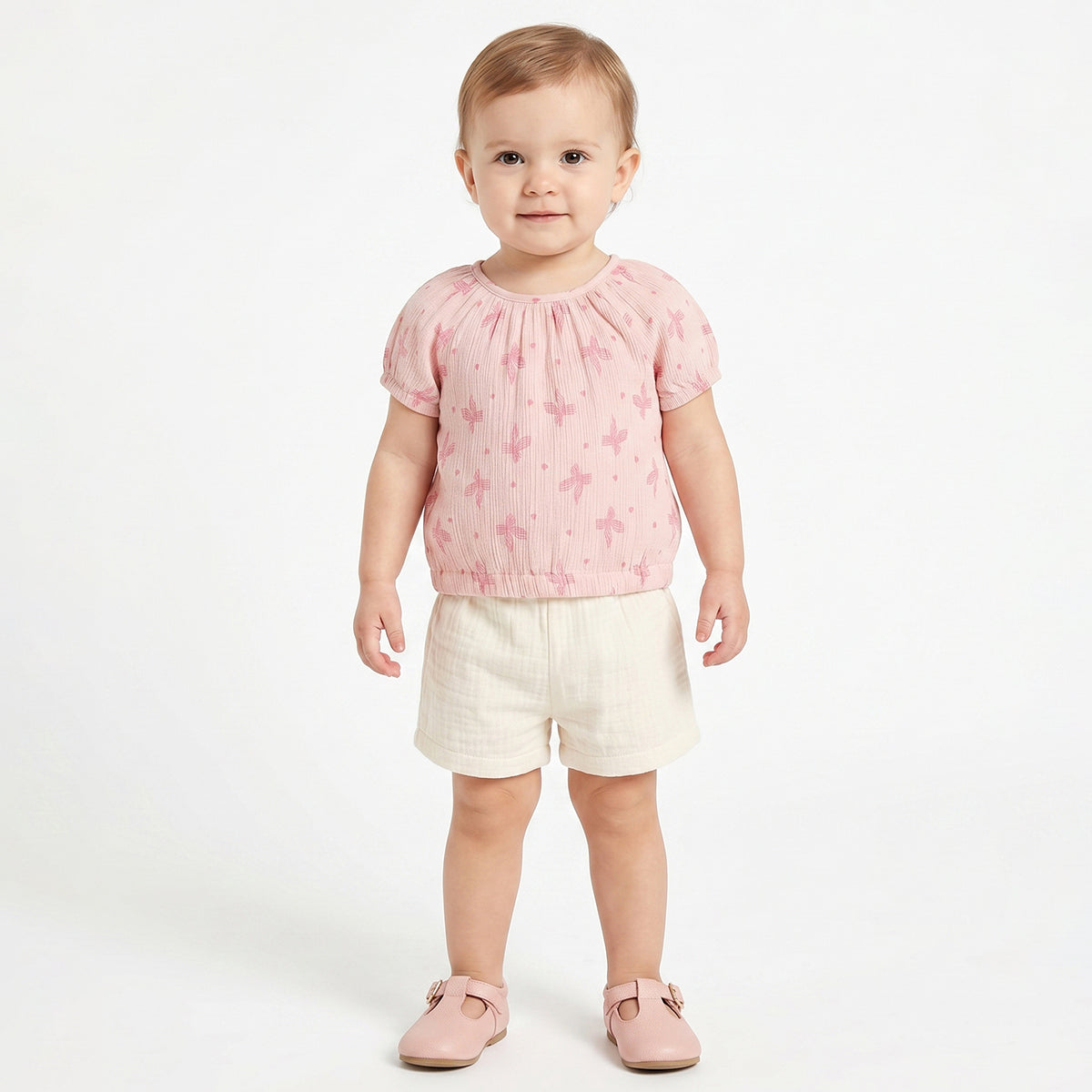 Baby Girls Peach Printed Cotton Textured Top Regular Fit Casual Top