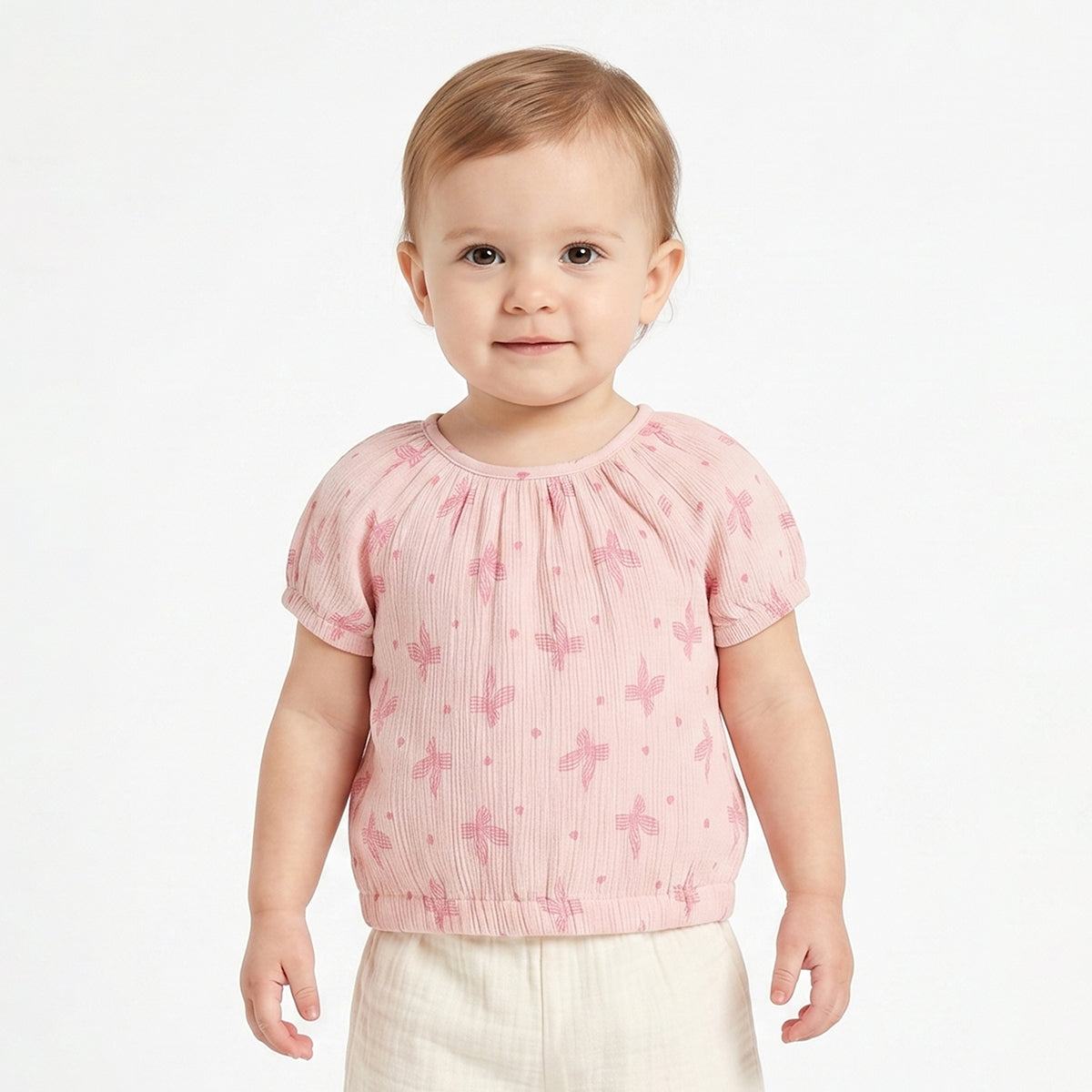 Baby Girls Peach Printed Cotton Textured Top Regular Fit Casual Top