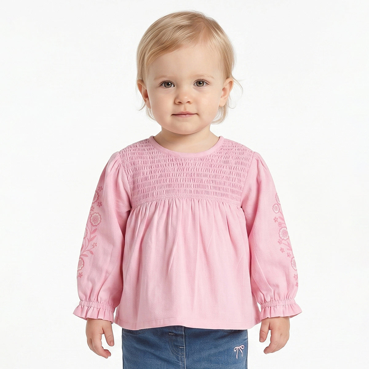 Baby Girls Pink Smocked Cotton Top Regular Fit Casual Top