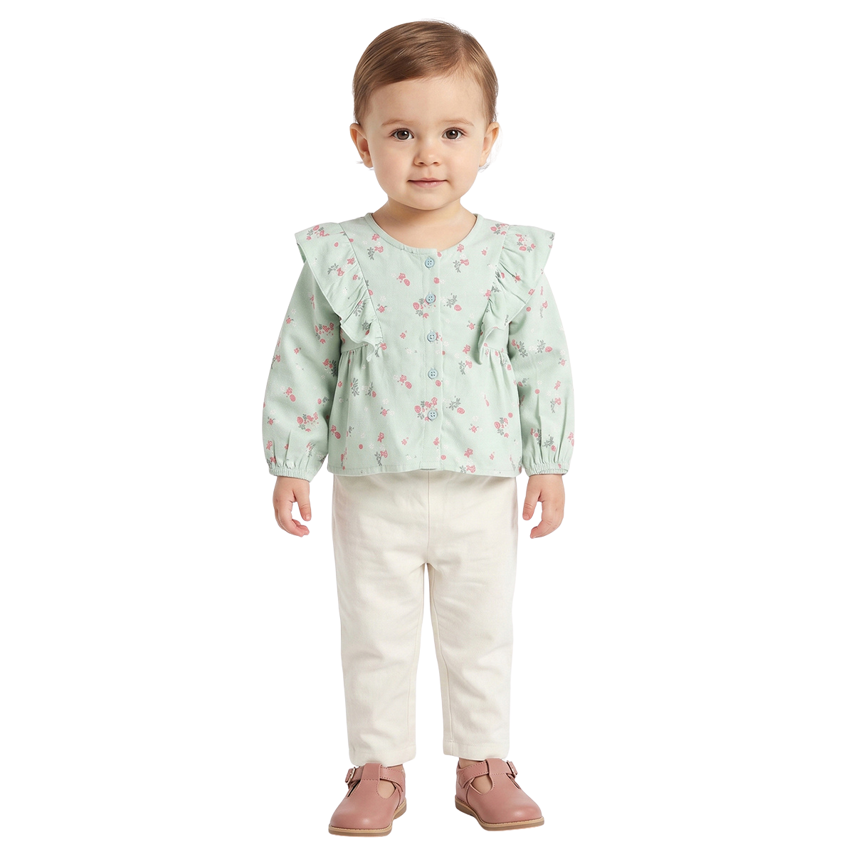 Baby Girls Mint Green Floral Print Cotton Top Regular Fit Casual Top