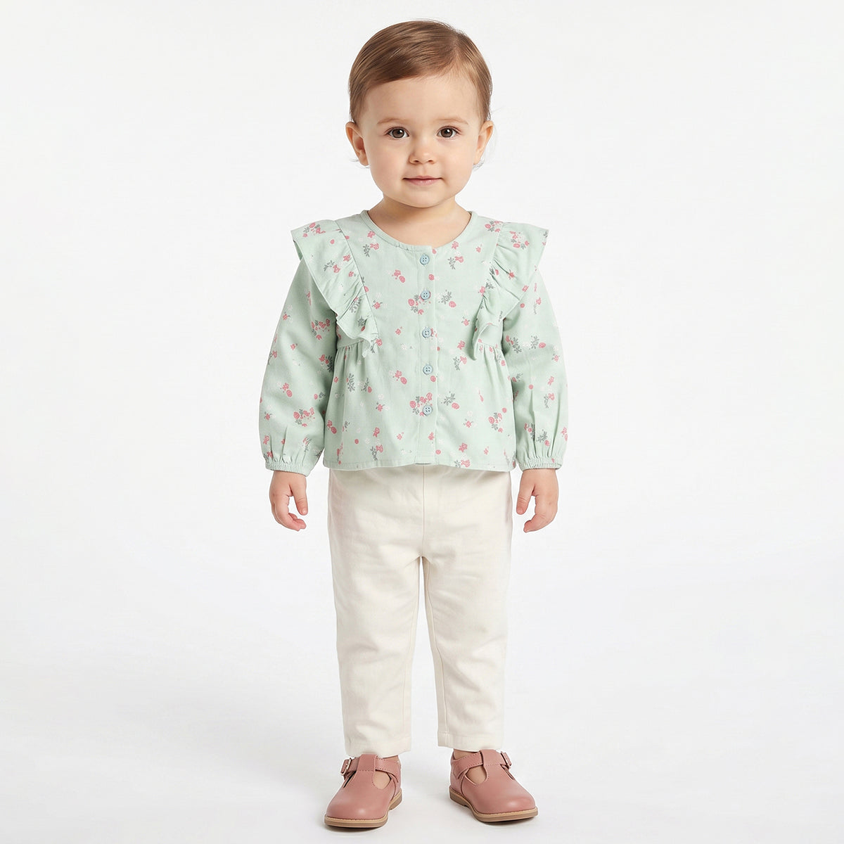 Baby Girls Mint Green Floral Print Cotton Top Regular Fit Casual Top