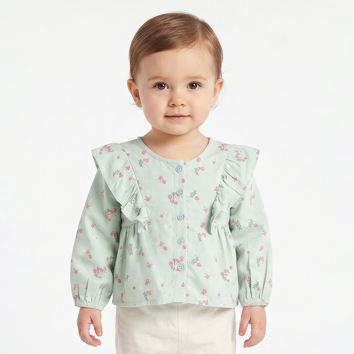 Baby Girls Mint Green Floral Print Cotton Top Regular Fit Casual Top