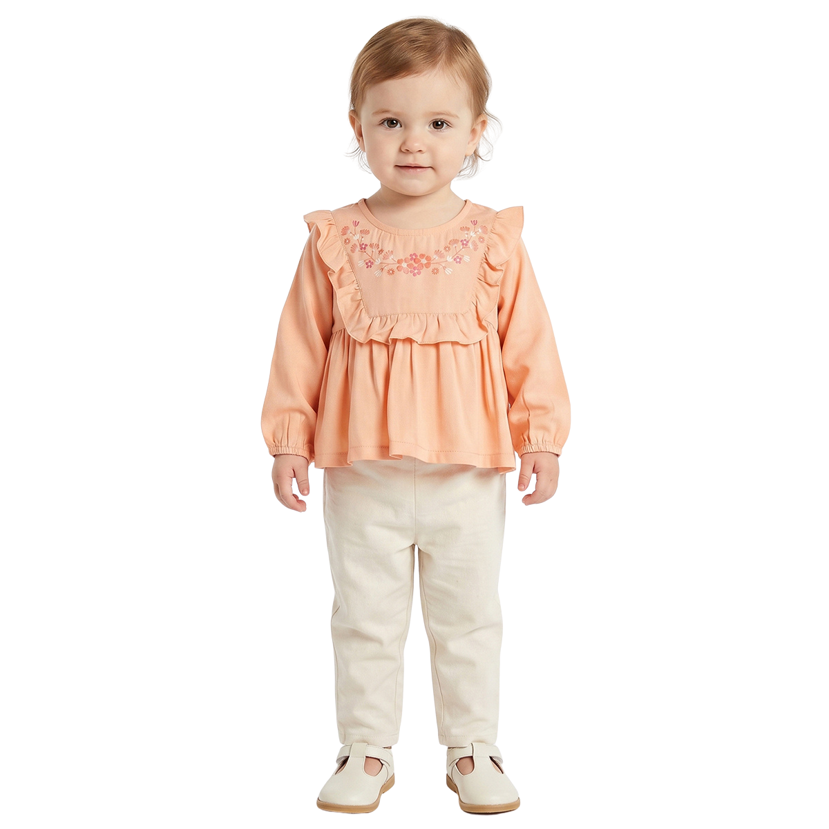 Baby Girls Peach Embroidered Cotton Top Regular Fit