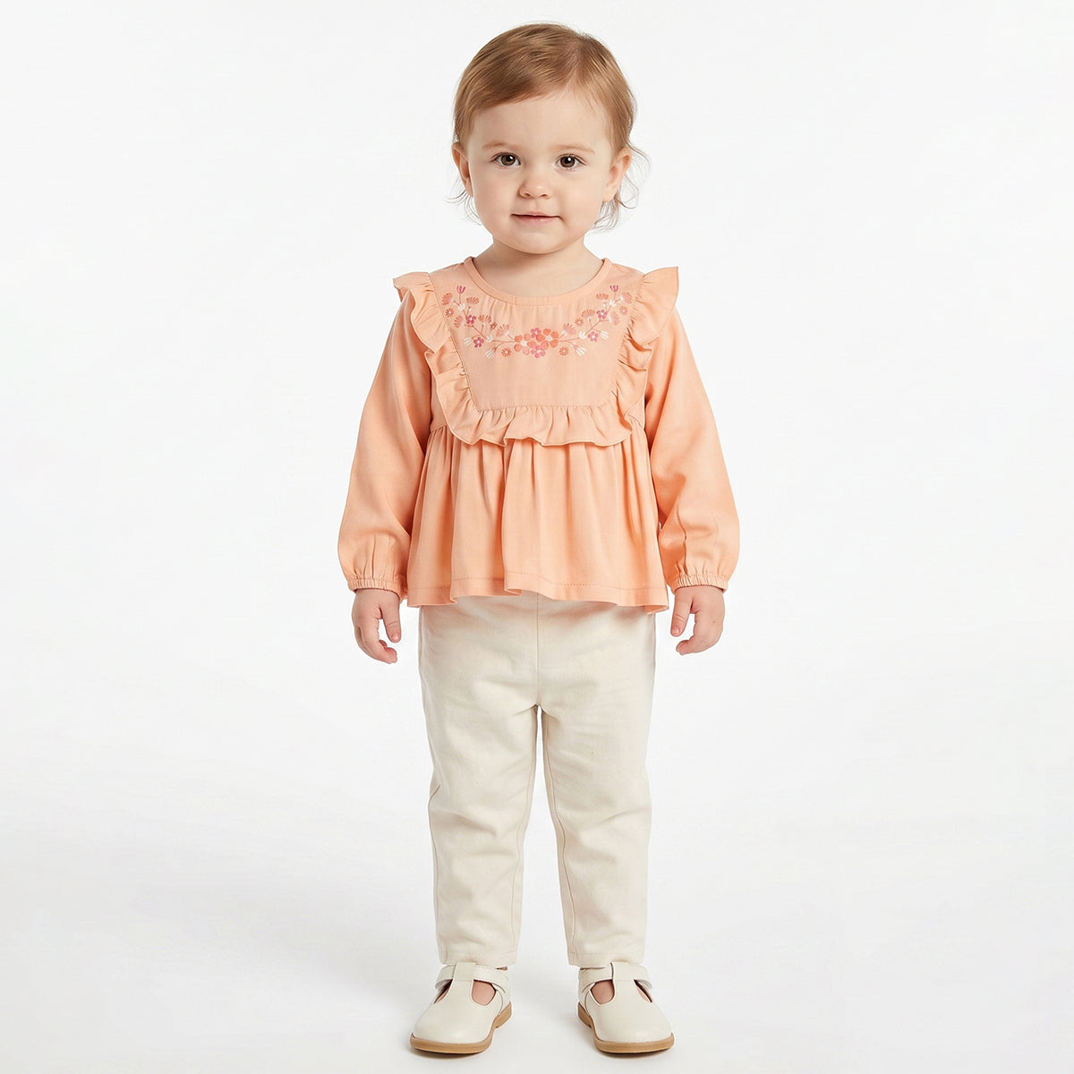 Baby Girls Peach Embroidered Cotton Top Regular Fit.