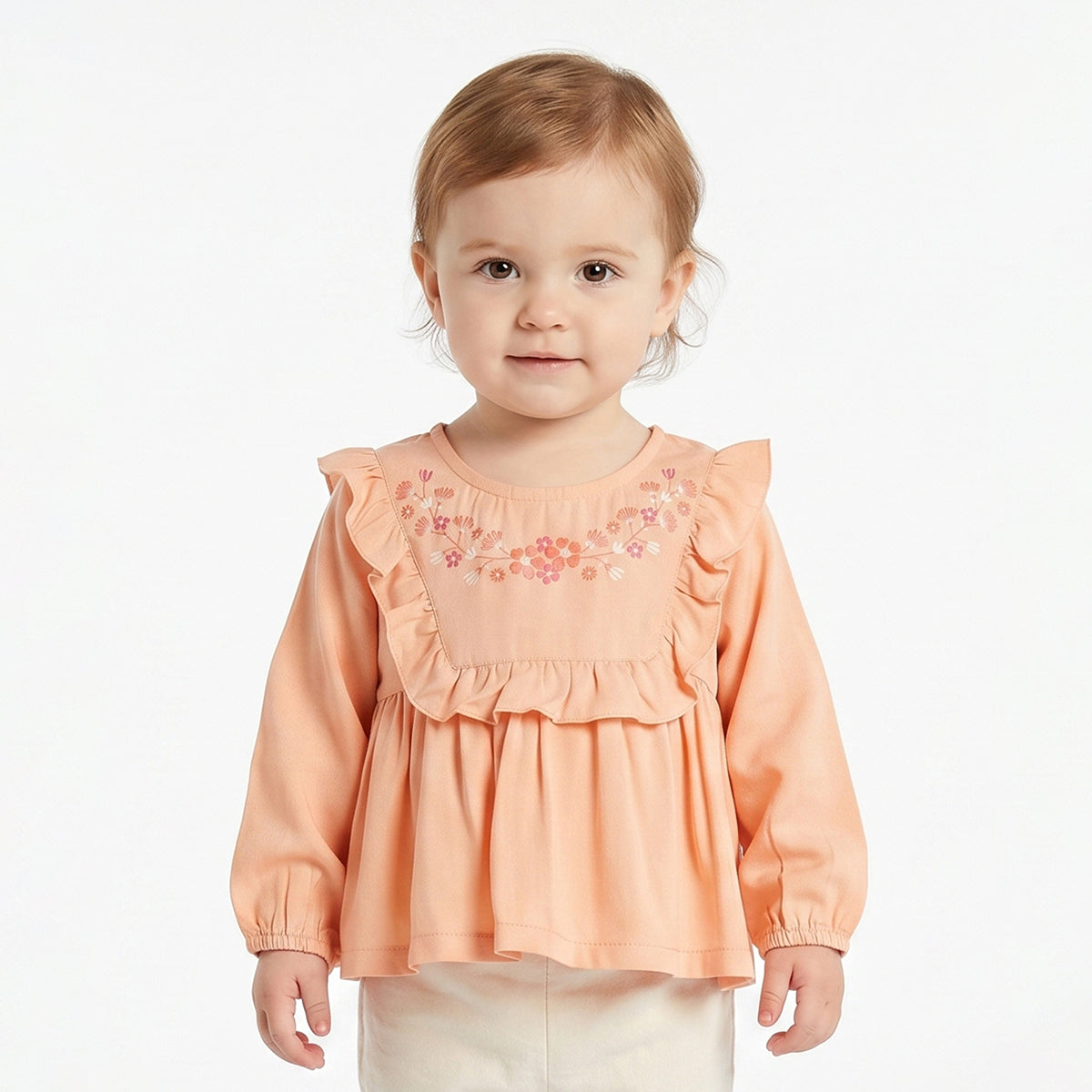 Baby Girls Peach Embroidered Cotton Top Regular Fit.