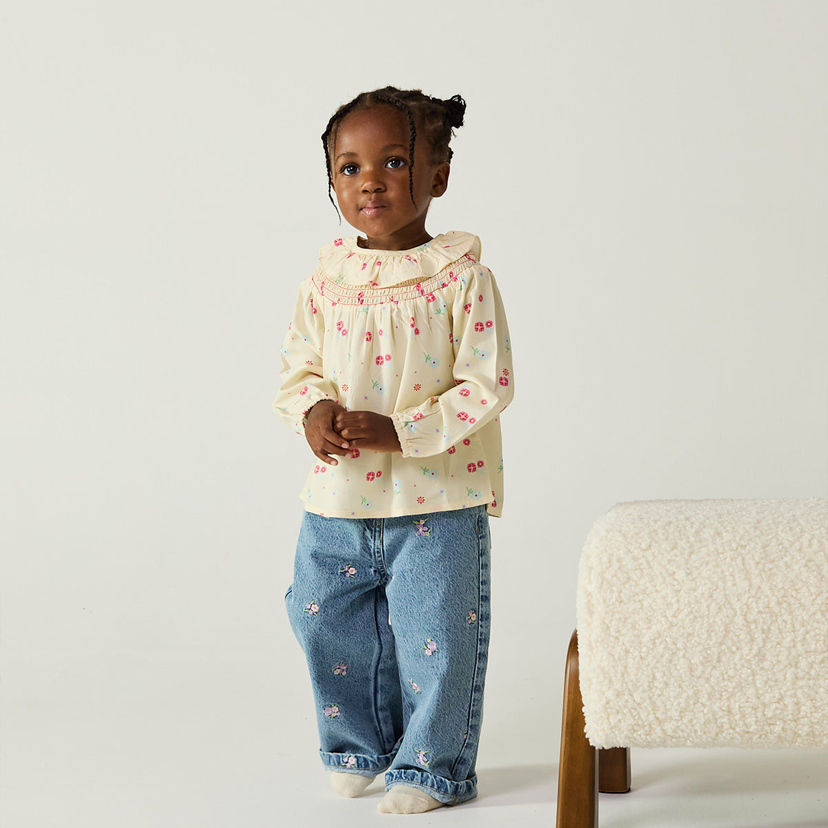 Baby Girls Cream Cotton Floral Printed Ruffled Woven Top Regular Fit Casual Wear