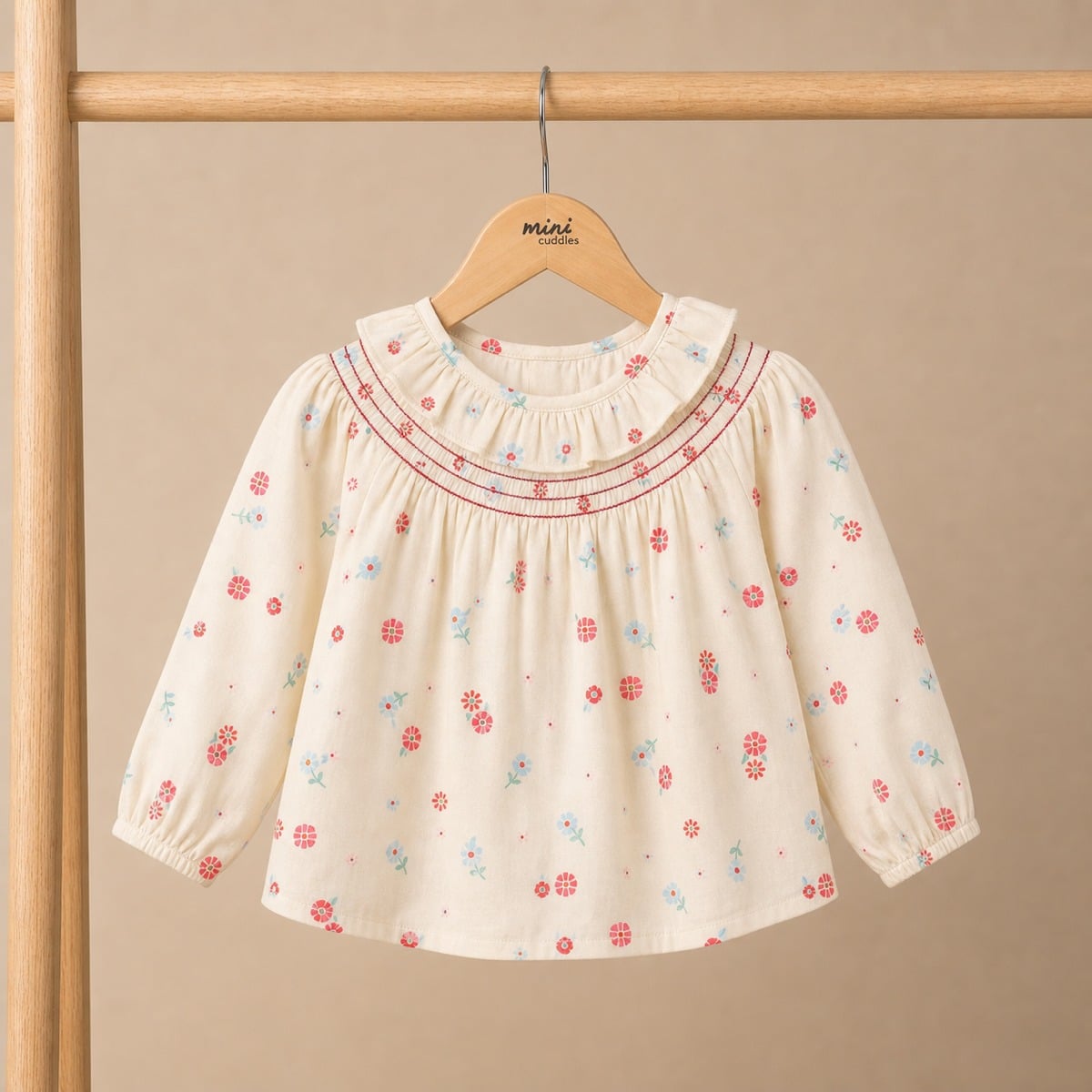 Baby Girls Cream Cotton Floral Printed Ruffled Woven Top Regular Fit Casual Wear