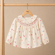 Baby Girls Cream Cotton Floral Printed Ruffled Woven Top Regular Fit Casual Wear