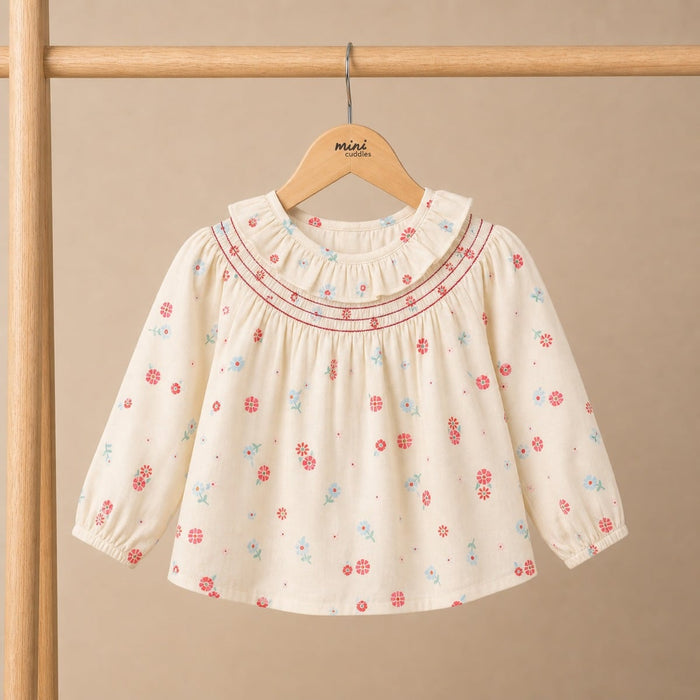 Baby Girls Cream Cotton Floral Printed Ruffled Woven Top Regular Fit Casual Wear