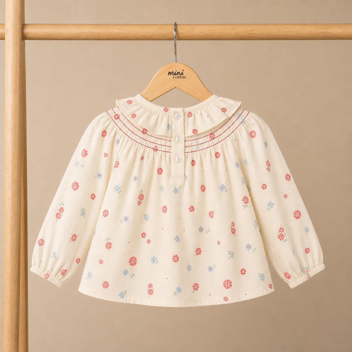 Baby Girls Cream Cotton Floral Printed Ruffled Woven Top Regular Fit Casual Wear