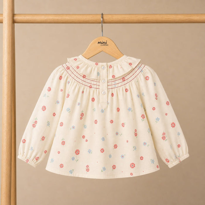 Baby Girls Cream Cotton Floral Printed Ruffled Woven Top Regular Fit Casual Wear