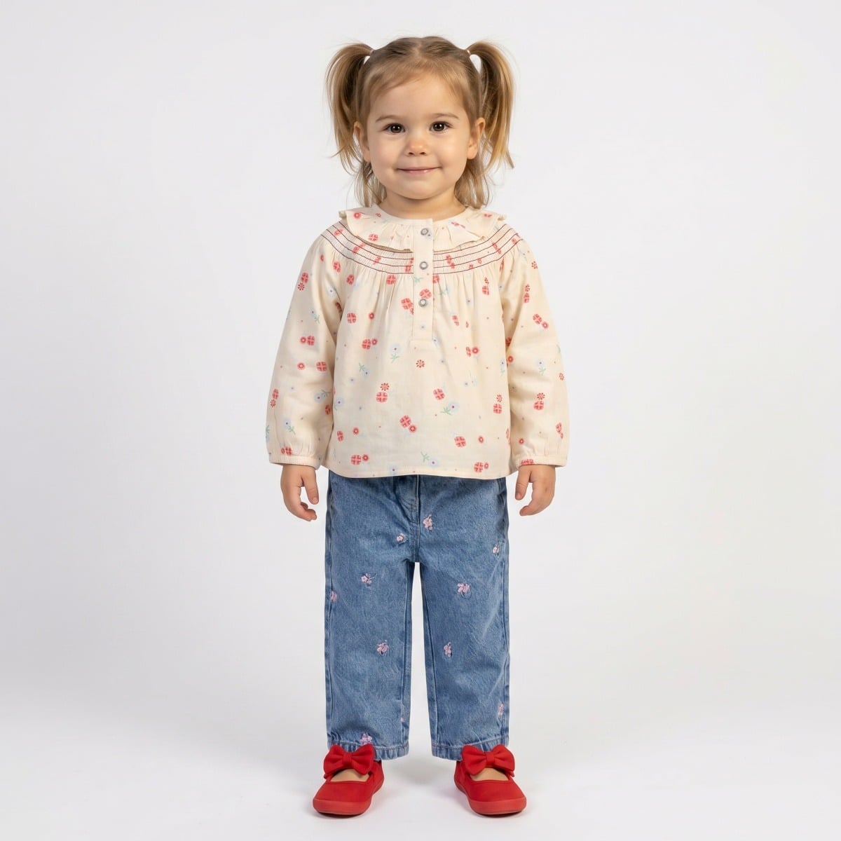 Baby Girls Cream Cotton Floral Printed Ruffled Woven Top Regular Fit Casual Wear