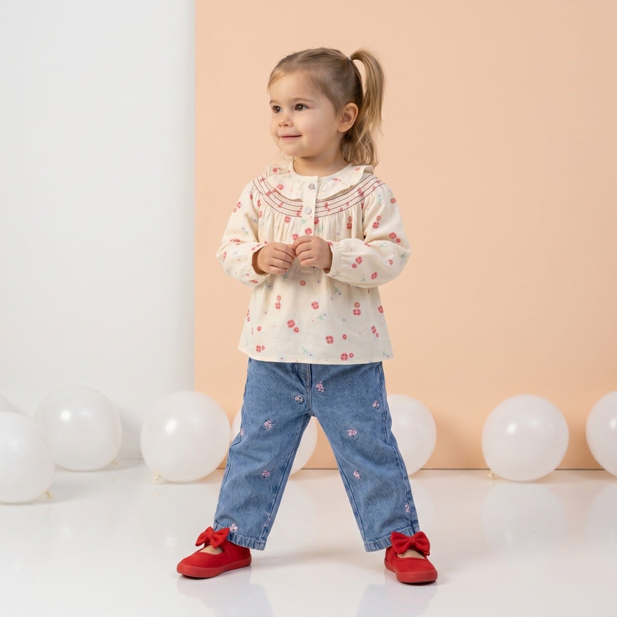 Baby Girls Cream Cotton Floral Printed Ruffled Woven Top Regular Fit Casual Wear