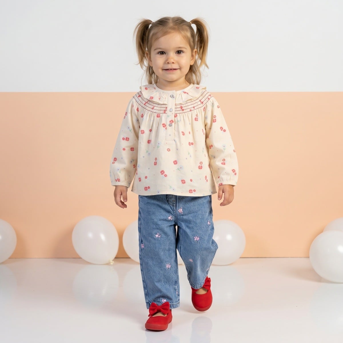Baby Girls Cream Cotton Floral Printed Ruffled Woven Top Regular Fit Casual Wear