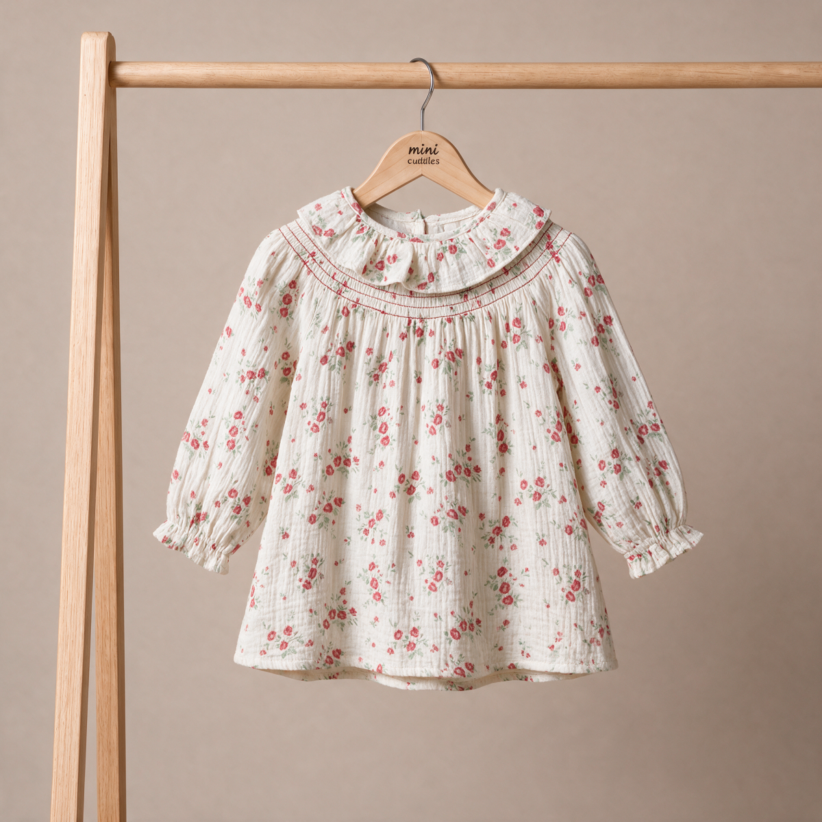 Baby Girls Off-White Cotton Floral Printed Ruffle Top Regular Fit Casual Wear