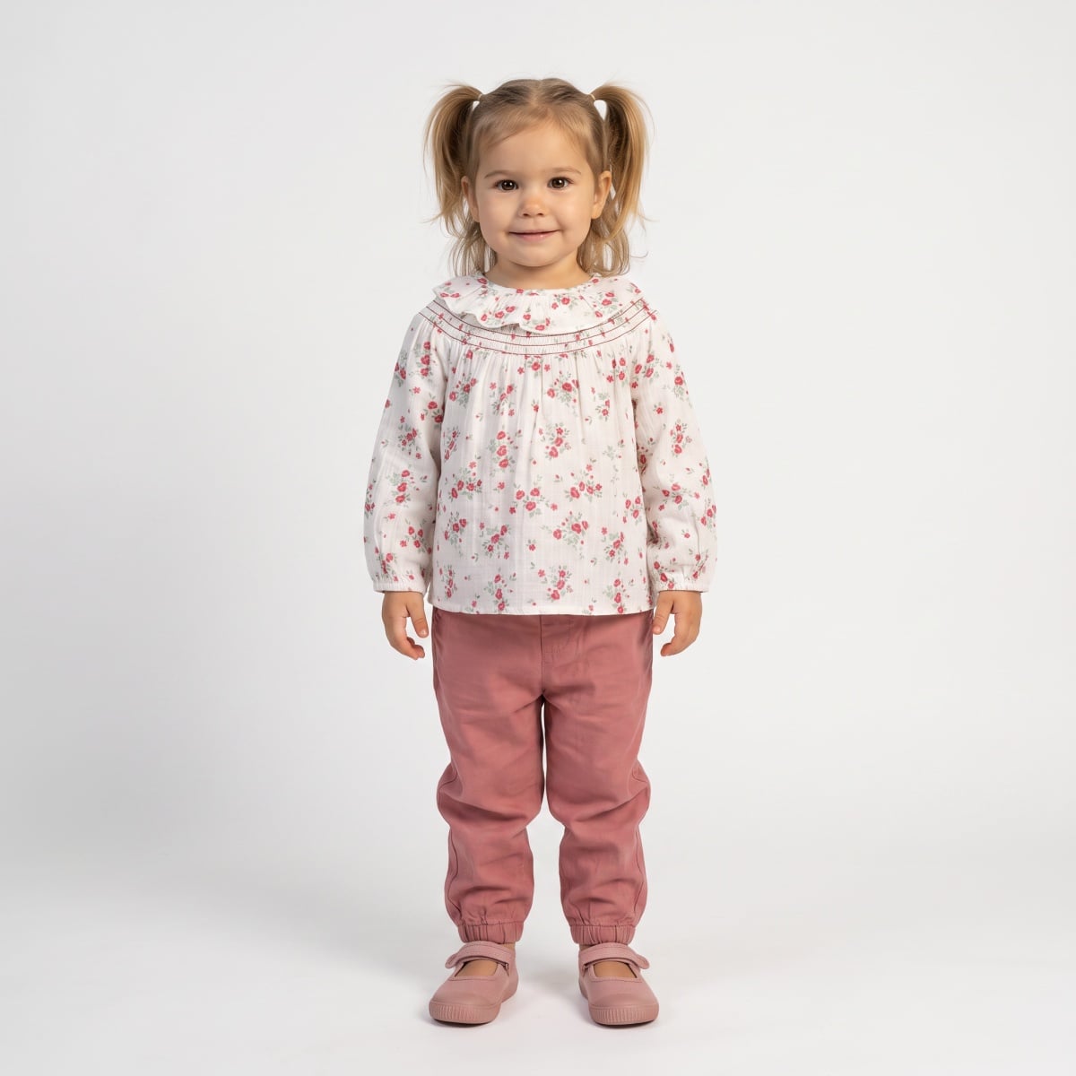 Baby Girls Off-White Cotton Floral Printed Ruffle Top Regular Fit Casual Wear