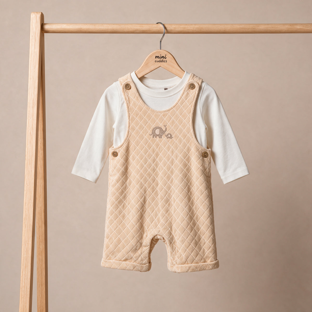 Baby Unisex Beige and White Cotton Blend Elephant Embroidered Dungaree Set Regular Fit Casual Wear