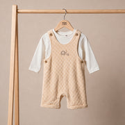 Baby Unisex Beige and White Cotton Blend Elephant Embroidered Dungaree Set Regular Fit Casual Wear