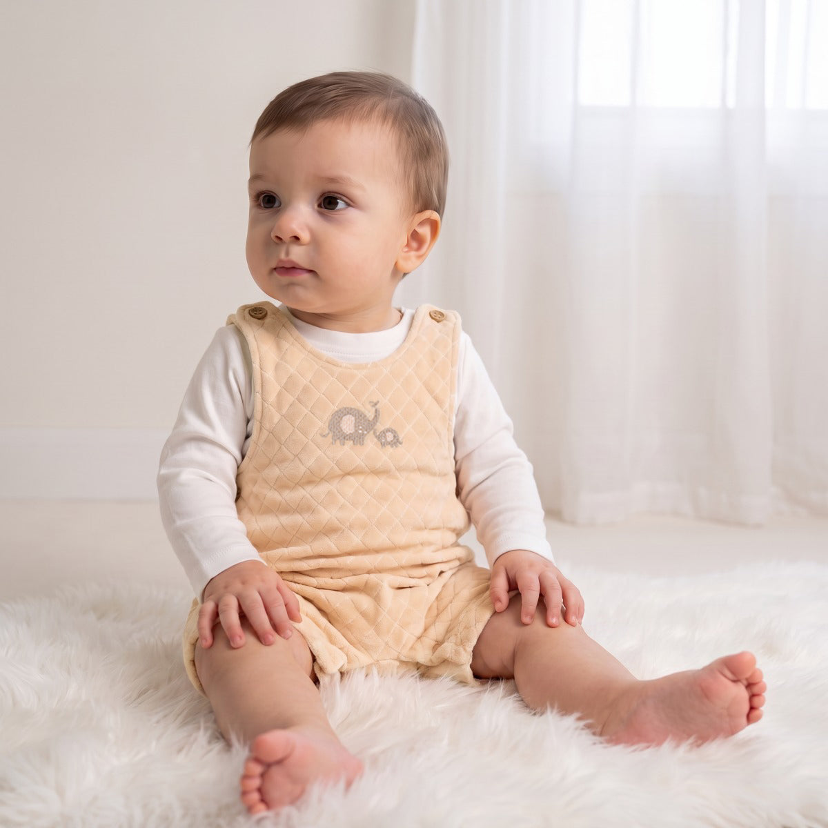 Baby Unisex Beige and White Cotton Blend Elephant Embroidered Dungaree Set Regular Fit Casual Wear
