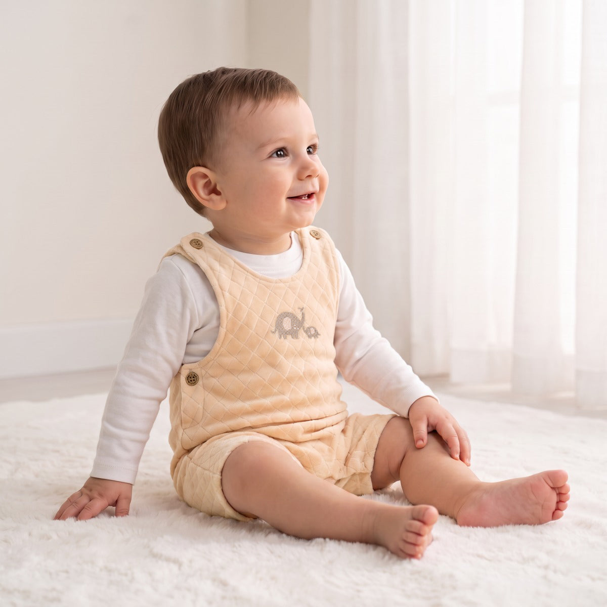 Baby Unisex Beige and White Cotton Blend Elephant Embroidered Dungaree Set Regular Fit Casual Wear