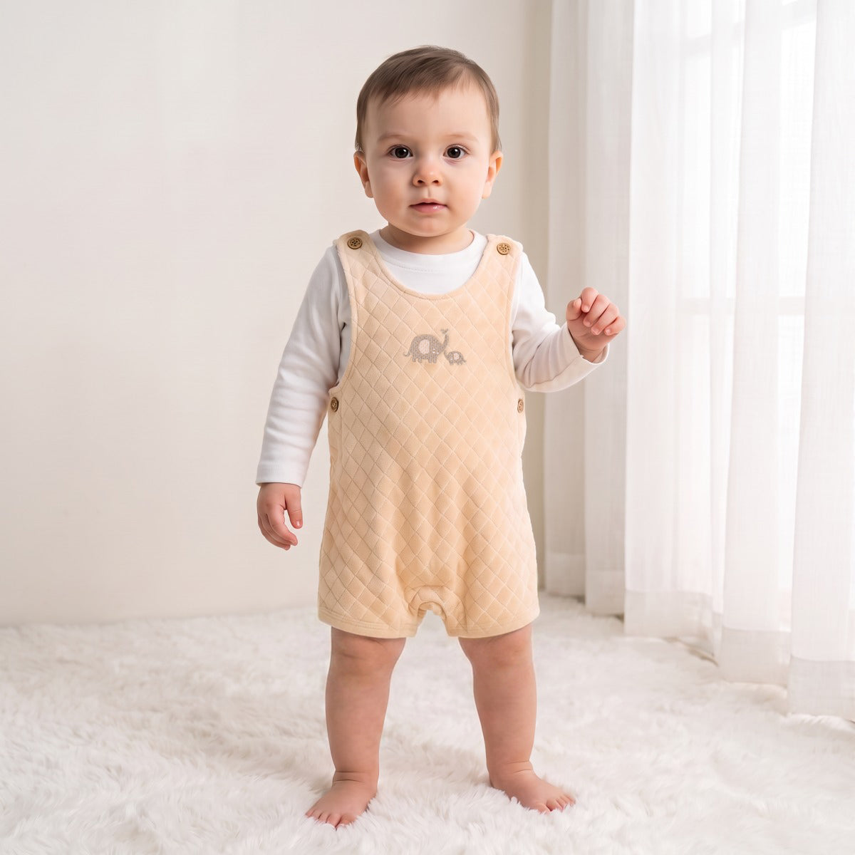 Baby Unisex Beige and White Cotton Blend Elephant Embroidered Dungaree Set Regular Fit Casual Wear