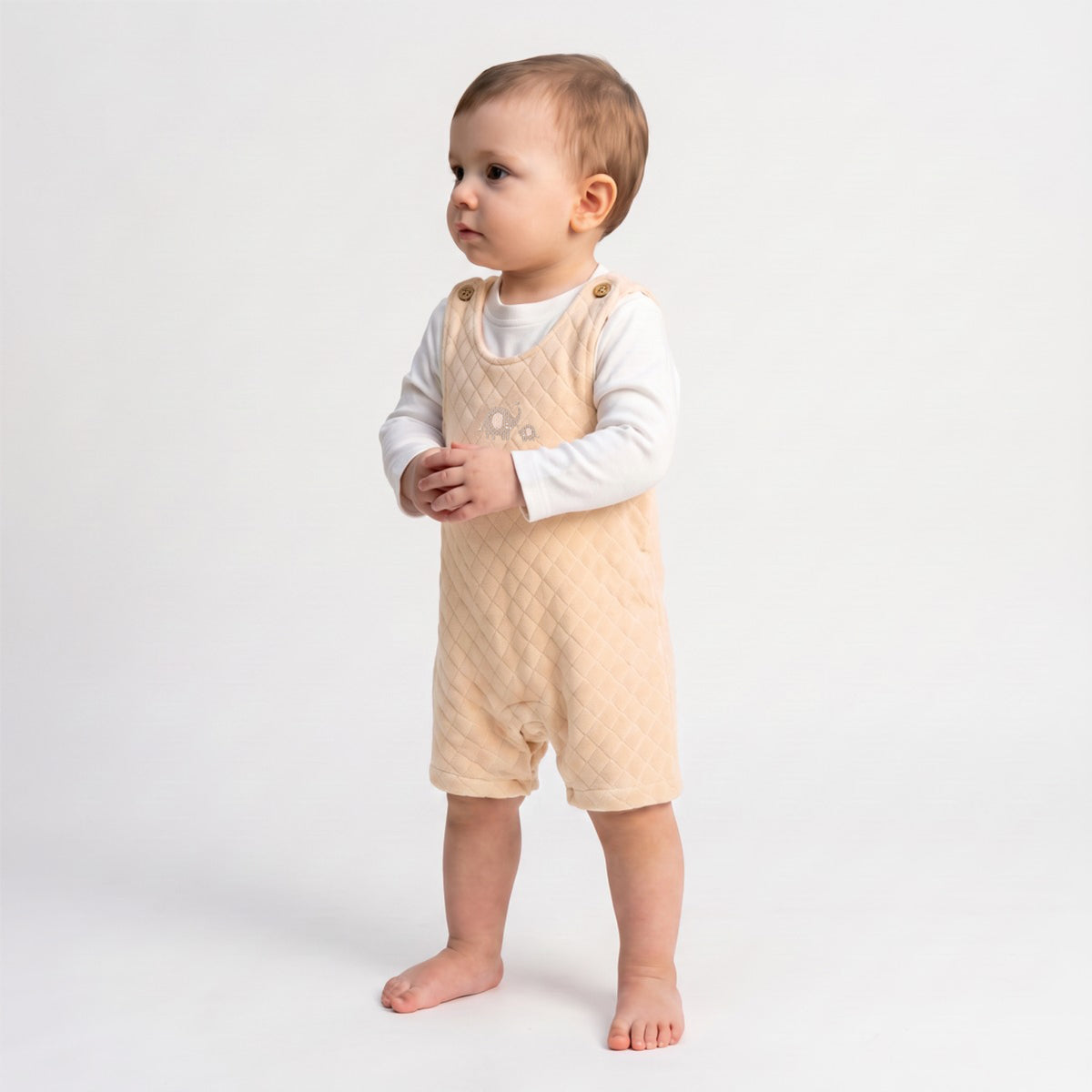 Baby Unisex Beige and White Cotton Blend Elephant Embroidered Dungaree Set Regular Fit Casual Wear