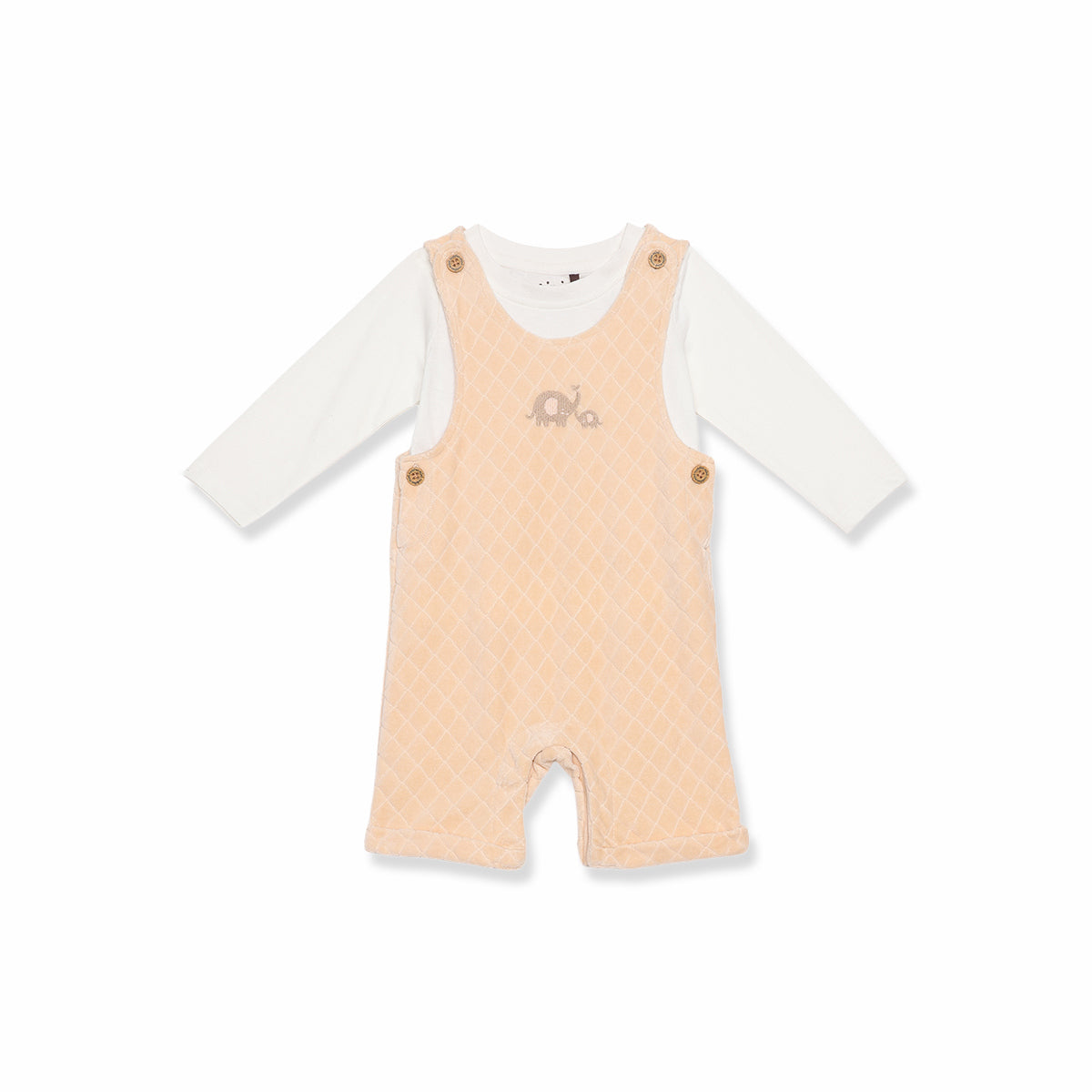 Baby Unisex Beige and White Cotton Blend Elephant Embroidered Dungaree Set Regular Fit Casual Wear