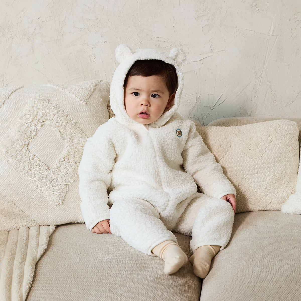 Baby Boys Off White Soft Fur Bear Badge Sherpa Hooded Romper Regular Fit Casual Wear